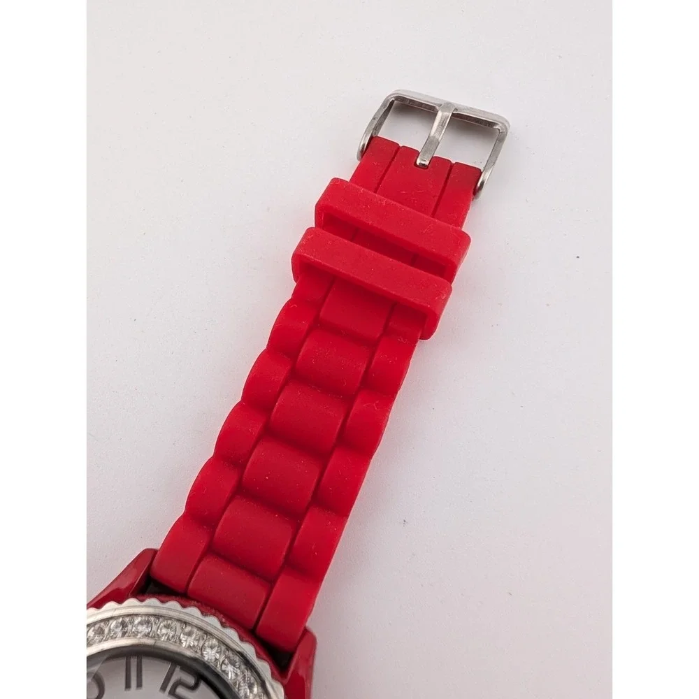 Geneva Platinum Heart Dial Watch Women 38mm Case Red Silicone‎ Band- New Battery